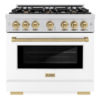 ZLINE Autograph 36" 5.2 cu. ft. Select Gas Range with 6 Burners in Stainless Steel with White Matte Door and Champagne Bronze Accents, HGRZ-WM-36-CB