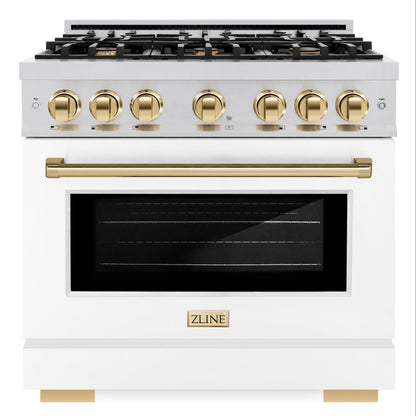 ZLINE Autograph 36" 5.2 cu. ft. Select Gas Range with 6 Burners in Stainless Steel with White Matte Door and Polished Gold Accents, HGRZ-WM-36-G