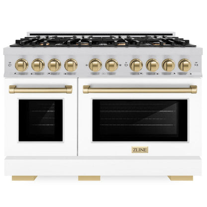 ZLINE Autograph 48" 6.7 cu. ft. Select Double Oven Gas Range with 8 Burners in Stainless Steel with White Matte Doors and Champagne Bronze Accents, HGRZ-WM-48-CB