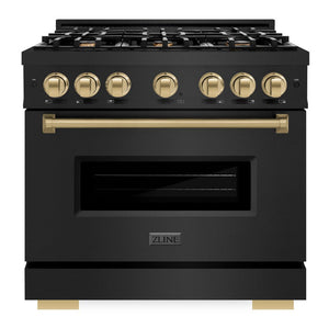 ZLINE Autograph 36" 5.2 cu. ft. Classic Gas Range with 6 Burners in Black Stainless Steel and Champagne Bronze Accents, CGRBZ-36-CB