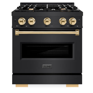 ZLINE Autograph 30" 4.2 cu. ft. Classic Gas Range with 4 Burners in Black Stainless Steel and Polished Gold Accents, CGRBZ-30-G
