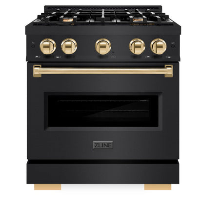 ZLINE Autograph 30" 4.2 cu. ft. Classic Gas Range with 4 Burners in Black Stainless Steel and Polished Gold Accents, CGRBZ-30-G