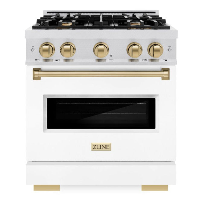 ZLINE Autograph 30" 4.2 cu. ft. Classic Dual Fuel Range with 4 Burner Gas Cooktop and Electric Convection Oven in Satin Stainless Steel with White Matte Door and Champagne Bronze Accents, CDRSZ-WM-30-CB
