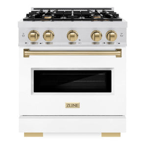 ZLINE Autograph 30" 4.2 cu. ft. Classic Dual Fuel Range with 4 Burner Gas Cooktop and Electric Convection Oven in Satin Stainless Steel with White Matte Door and Champagne Bronze Accents, CDRSZ-WM-30-CB