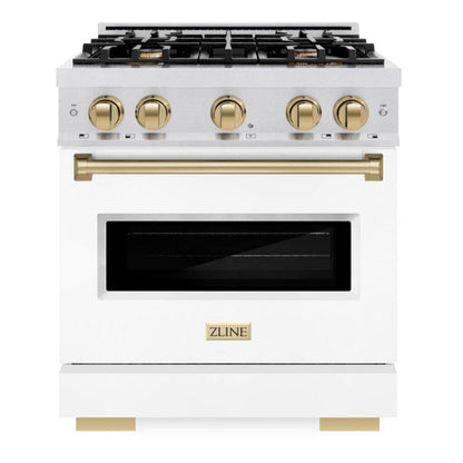 ZLINE Autograph 30" 4.2 cu. ft. Classic Dual Fuel Range with 4 Burner Gas Cooktop and Electric Convection Oven in Satin Stainless Steel with White Matte Door and Champagne Bronze Accents, CDRSZ-WM-30-CB