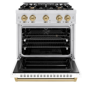 ZLINE Autograph 30" 4.2 cu. ft. Classic Dual Fuel Range with 4 Burner Gas Cooktop and Electric Convection Oven in Satin Stainless Steel with White Matte Door and Champagne Bronze Accents, CDRSZ-WM-30-CB