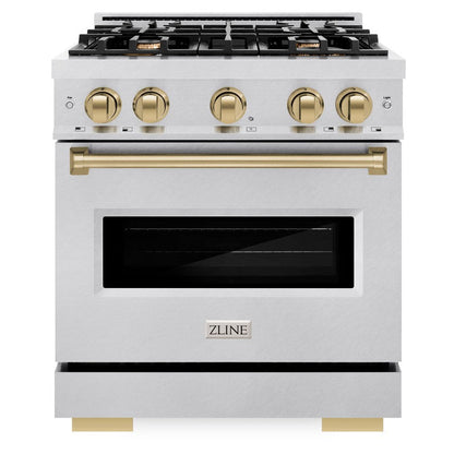 ZLINE Autograph 30" 4.2 cu. ft. Classic Dual Fuel Range with 4 Burner Gas Cooktop and Electric Convection Oven in Satin Stainless Steel with Champagne Bronze Accents, CDRSZ-30-CB