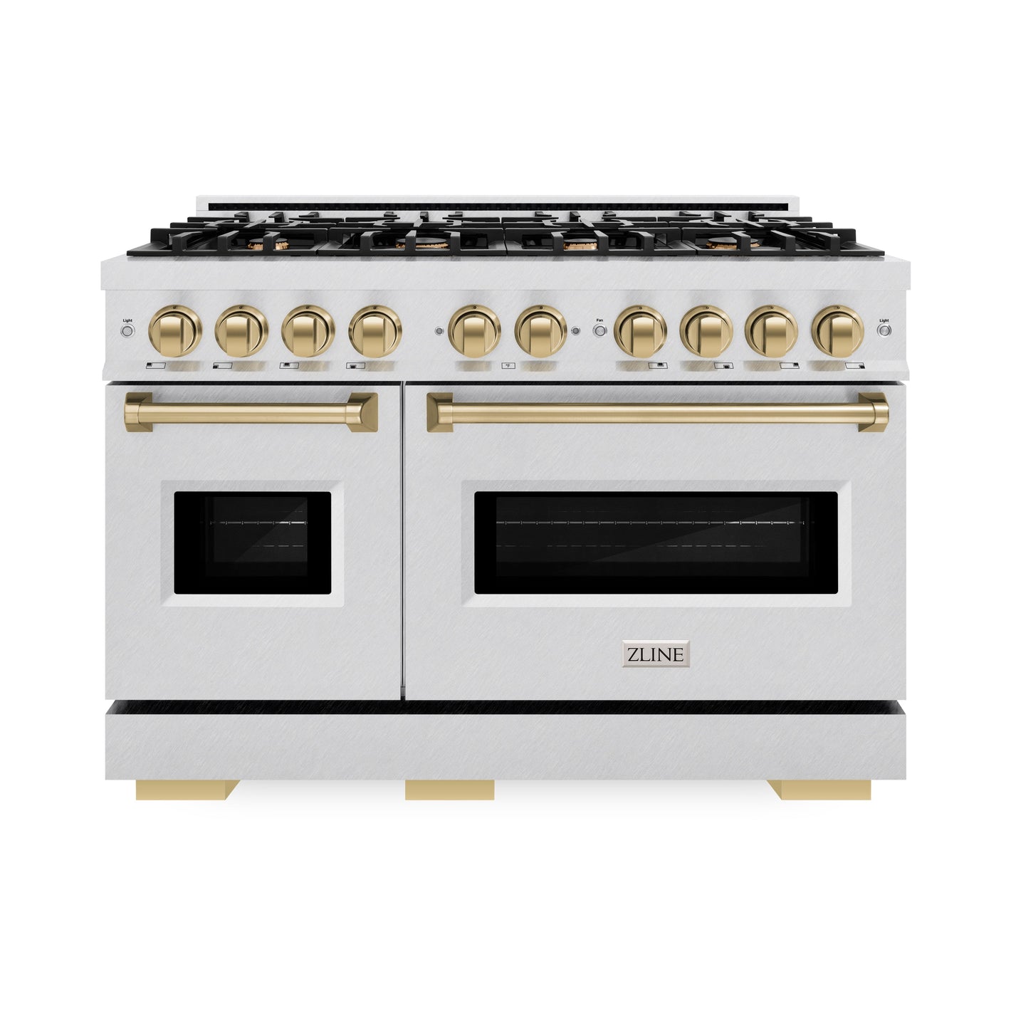 ZLINE Autograph 48" 6.7 cu. ft. Classic Double Oven Dual Fuel Range with 8 Burner Gas Cooktop in Satin Stainless Steel and Champagne Bronze Accents, CDRSZ-48-CB