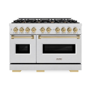 ZLINE Autograph 48" 6.7 cu. ft. Classic Double Oven Dual Fuel Range with 8 Burner Gas Cooktop in Satin Stainless Steel and Champagne Bronze Accents, CDRSZ-48-CB
