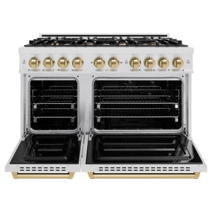 ZLINE Autograph 48" 6.7 cu. ft. Classic Double Oven Dual Fuel Range with 8 Burner Gas Cooktop in Satin Stainless Steel and Champagne Bronze Accents, CDRSZ-48-CB
