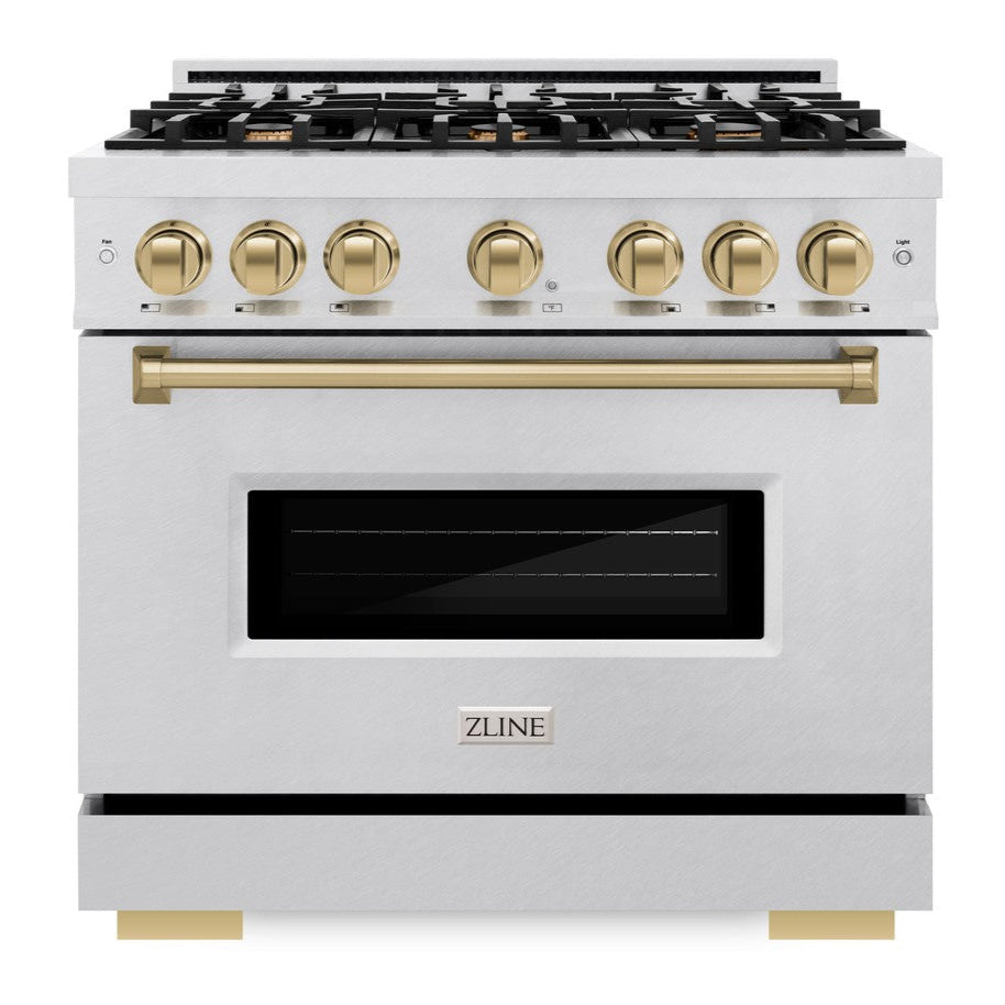 ZLINE Autograph 36" 5.2 cu. ft. Classic Dual Fuel Range with 6 Burner Gas Cooktop and Electric Convection Oven in Satin Stainless Steel with Champagne Bronze Accents, CDRSZ-36-CB