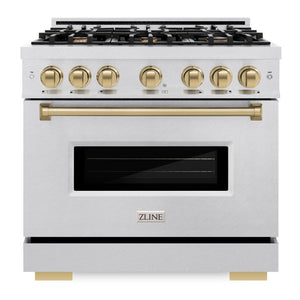 ZLINE Autograph 36" 5.2 cu. ft. Classic Dual Fuel Range with 6 Burner Gas Cooktop and Electric Convection Oven in Satin Stainless Steel with Champagne Bronze Accents, CDRSZ-36-CB