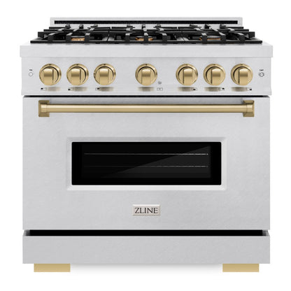 ZLINE Autograph 36" 5.2 cu. ft. Classic Dual Fuel Range with 6 Burner Gas Cooktop and Electric Convection Oven in Satin Stainless Steel with Champagne Bronze Accents, CDRSZ-36-CB