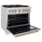 ZLINE Autograph 36" 5.2 cu. ft. Classic Dual Fuel Range with 6 Burner Gas Cooktop and Electric Convection Oven in Satin Stainless Steel with Champagne Bronze Accents, CDRSZ-36-CB