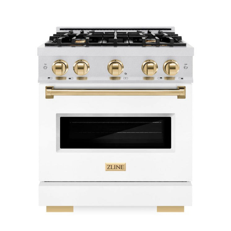 ZLINE Autograph 30" 4.2 cu. ft. Classic Dual Fuel Range with 4 Burner Gas Cooktop and Electric Convection Oven in Satin Stainless Steel with White Matte Door and Polished Gold Accents, CDRSZ-WM-30-G