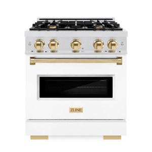 ZLINE Autograph 30" 4.2 cu. ft. Classic Dual Fuel Range with 4 Burner Gas Cooktop and Electric Convection Oven in Satin Stainless Steel with White Matte Door and Polished Gold Accents, CDRSZ-WM-30-G