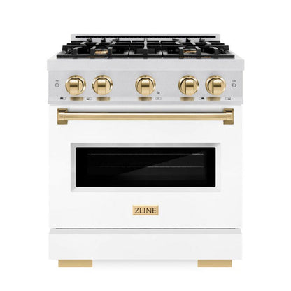 ZLINE Autograph 30" 4.2 cu. ft. Classic Dual Fuel Range with 4 Burner Gas Cooktop and Electric Convection Oven in Satin Stainless Steel with White Matte Door and Polished Gold Accents, CDRSZ-WM-30-G