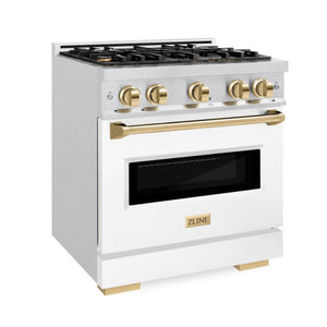 ZLINE Autograph 30" 4.2 cu. ft. Classic Dual Fuel Range with 4 Burner Gas Cooktop and Electric Convection Oven in Satin Stainless Steel with White Matte Door and Polished Gold Accents, CDRSZ-WM-30-G
