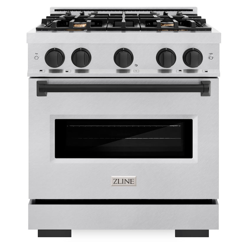 ZLINE Autograph 30" 4.2 cu. ft. Classic Dual Fuel Range with 4 Burner Gas Cooktop and Electric Convection Oven in Satin Stainless Steel with Matte Black Accents, CDRSZ-30-MB