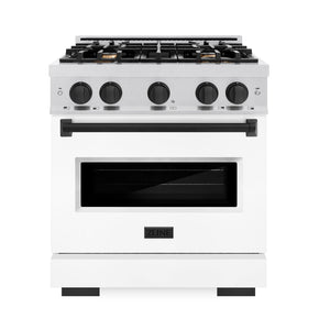 ZLINE Autograph 30" 4.2 cu. ft. Classic Dual Fuel Range with 4 Burner Gas Cooktop and Electric Convection Oven in Satin Stainless Steel with White Matte Door and Matte Black Accents, CDRSZ-WM-30-MB