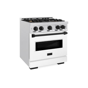 ZLINE Autograph 30" 4.2 cu. ft. Classic Dual Fuel Range with 4 Burner Gas Cooktop and Electric Convection Oven in Satin Stainless Steel with White Matte Door and Matte Black Accents, CDRSZ-WM-30-MB