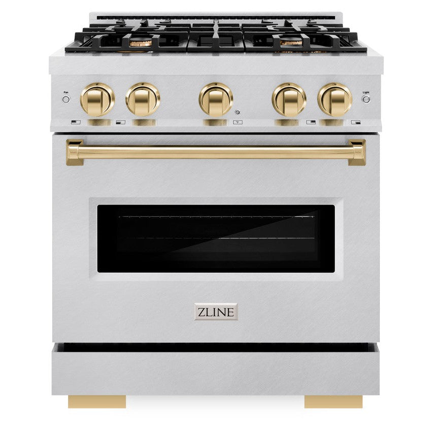 ZLINE Autograph 30" 4.2 cu. ft. Classic Dual Fuel Range with 4 Burner Gas Cooktop and Electric Convection Oven in Satin Stainless Steel with Polished Gold Accents, CDRSZ-30-G