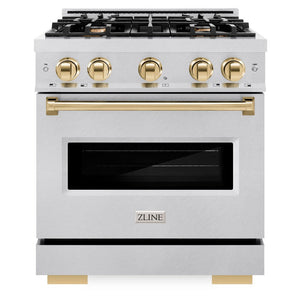ZLINE Autograph 30" 4.2 cu. ft. Classic Dual Fuel Range with 4 Burner Gas Cooktop and Electric Convection Oven in Satin Stainless Steel with Polished Gold Accents, CDRSZ-30-G