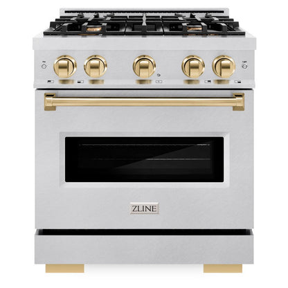 ZLINE Autograph 30" 4.2 cu. ft. Classic Dual Fuel Range with 4 Burner Gas Cooktop and Electric Convection Oven in Satin Stainless Steel with Polished Gold Accents, CDRSZ-30-G