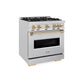 ZLINE Autograph 30" 4.2 cu. ft. Classic Dual Fuel Range with 4 Burner Gas Cooktop and Electric Convection Oven in Satin Stainless Steel with Polished Gold Accents, CDRSZ-30-G