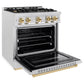 ZLINE Autograph 30" 4.2 cu. ft. Classic Dual Fuel Range with 4 Burner Gas Cooktop and Electric Convection Oven in Satin Stainless Steel with Polished Gold Accents, CDRSZ-30-G