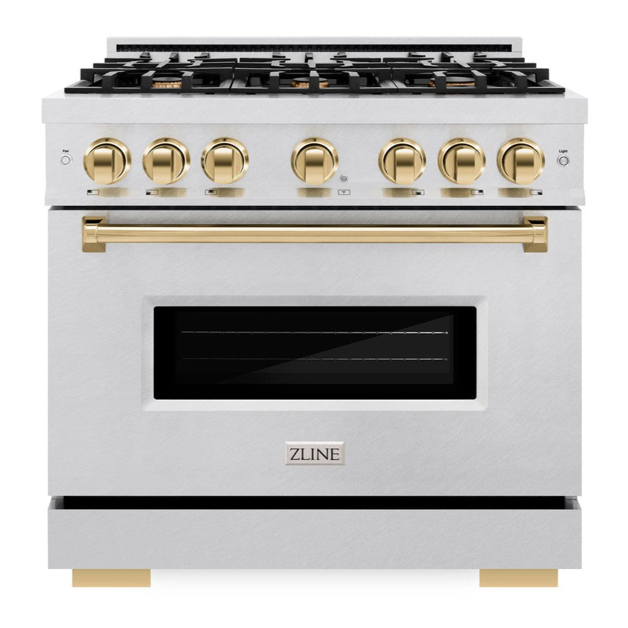 ZLINE Autograph 36" 5.2 cu. ft. Classic Dual Fuel Range with 6 Burner Gas Cooktop and Electric Convection Oven in Satin Stainless Steel with Polished Gold Accents, CDRSZ-36-G