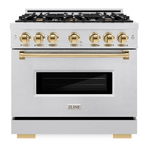 ZLINE Autograph 36" 5.2 cu. ft. Classic Dual Fuel Range with 6 Burner Gas Cooktop and Electric Convection Oven in Satin Stainless Steel with Polished Gold Accents, CDRSZ-36-G