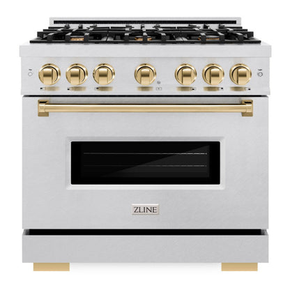 ZLINE Autograph 36" 5.2 cu. ft. Classic Dual Fuel Range with 6 Burner Gas Cooktop and Electric Convection Oven in Satin Stainless Steel with Polished Gold Accents, CDRSZ-36-G