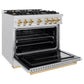 ZLINE Autograph 36" 5.2 cu. ft. Classic Dual Fuel Range with 6 Burner Gas Cooktop and Electric Convection Oven in Satin Stainless Steel with Polished Gold Accents, CDRSZ-36-G