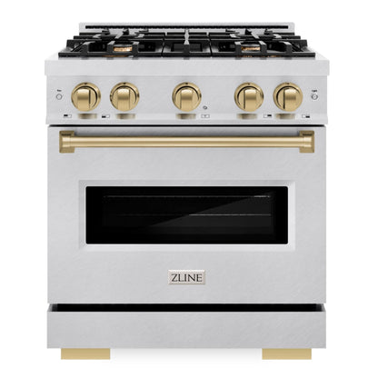 ZLINE Autograph 30" 4.2 cu. ft. Classic Gas Range with 4 Burner Cooktop and Convection Gas Oven in Satin Stainless Steel and Champagne Bronze Accents, CGRSZ-30-CB