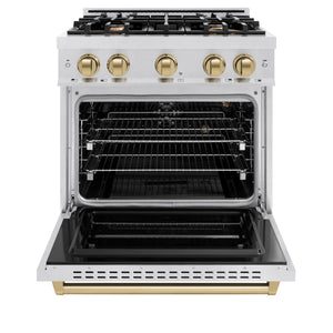 ZLINE Autograph 30" 4.2 cu. ft. Classic Gas Range with 4 Burner Cooktop and Convection Gas Oven in Satin Stainless Steel and Champagne Bronze Accents, CGRSZ-30-CB