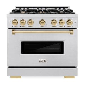 ZLINE Autograph 36" 5.2 cu. ft. Classic Gas Range with 6 Burner Cooktop and Convection Gas Oven in Satin Stainless Steel and Champagne Bronze Accents, CGRSZ-36-CB