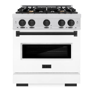 ZLINE Autograph 30" 4.2 cu. ft. Classic Gas Range with 4 Burner Cooktop and Convection Gas Oven in Satin Stainless Steel with White Matte Door and Matte Black Accents, CGRSZ-WM-30-MB