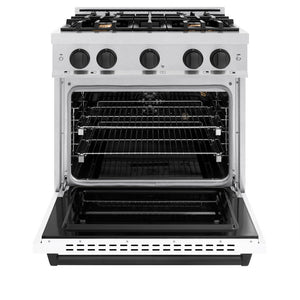 ZLINE Autograph 30" 4.2 cu. ft. Classic Gas Range with 4 Burner Cooktop and Convection Gas Oven in Satin Stainless Steel with White Matte Door and Matte Black Accents, CGRSZ-WM-30-MB