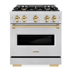 ZLINE Autograph 30" 4.2 cu. ft. Classic Gas Range with 4 Burner Cooktop and Convection Gas Oven in Satin Stainless Steel and Polished Gold Accents, CGRSZ-30-G