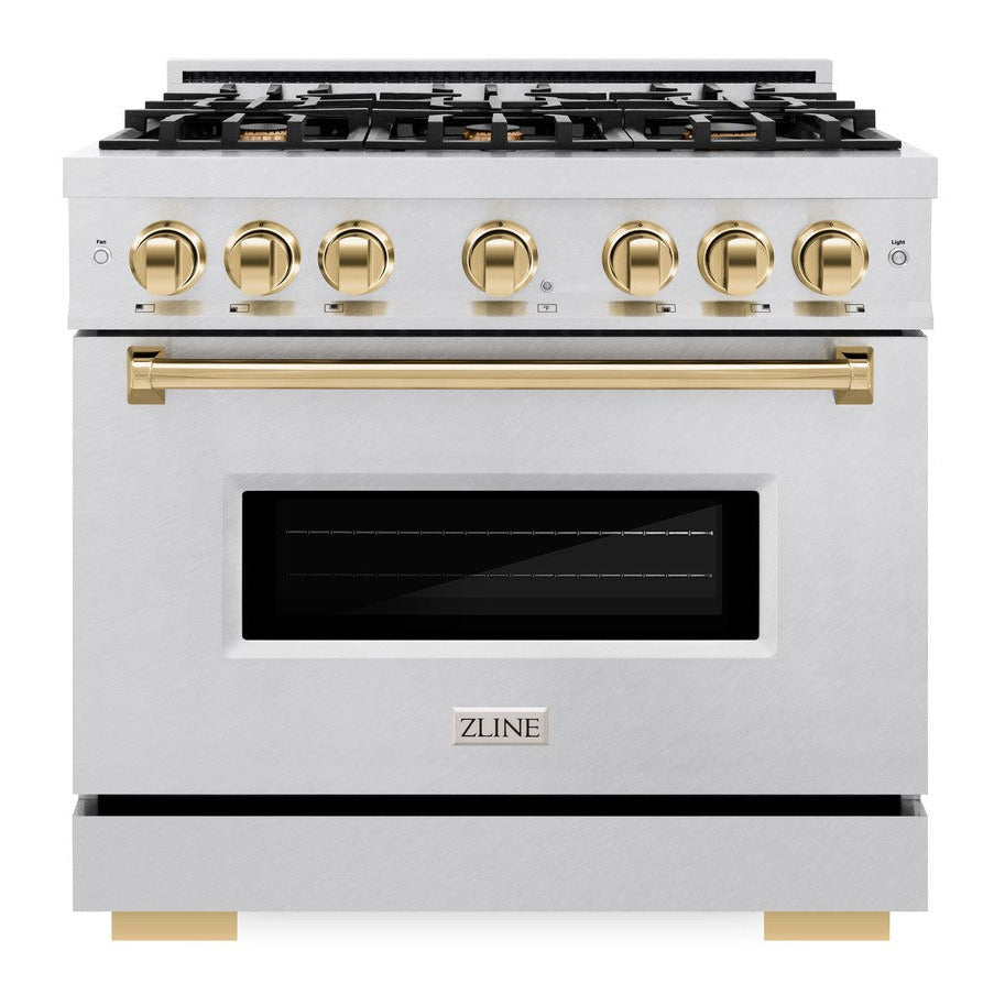 ZLINE Autograph 36" 5.2 cu. ft. Classic Gas Range with 6 Burner Cooktop and Convection Gas Oven in Satin Stainless Steel and Polished Gold Accents, CGRSZ-36-G
