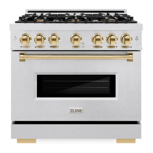 ZLINE Autograph 36" 5.2 cu. ft. Classic Gas Range with 6 Burner Cooktop and Convection Gas Oven in Satin Stainless Steel and Polished Gold Accents, CGRSZ-36-G