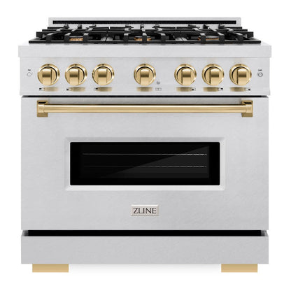 ZLINE Autograph 36" 5.2 cu. ft. Classic Gas Range with 6 Burner Cooktop and Convection Gas Oven in Satin Stainless Steel and Polished Gold Accents, CGRSZ-36-G