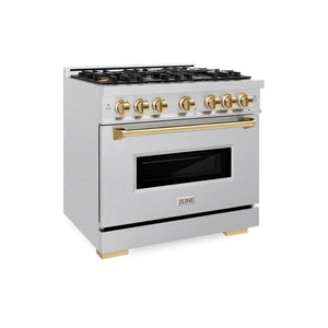 ZLINE Autograph 36" 5.2 cu. ft. Classic Gas Range with 6 Burner Cooktop and Convection Gas Oven in Satin Stainless Steel and Polished Gold Accents, CGRSZ-36-G