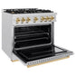ZLINE Autograph 36" 5.2 cu. ft. Classic Gas Range with 6 Burner Cooktop and Convection Gas Oven in Satin Stainless Steel and Polished Gold Accents, CGRSZ-36-G