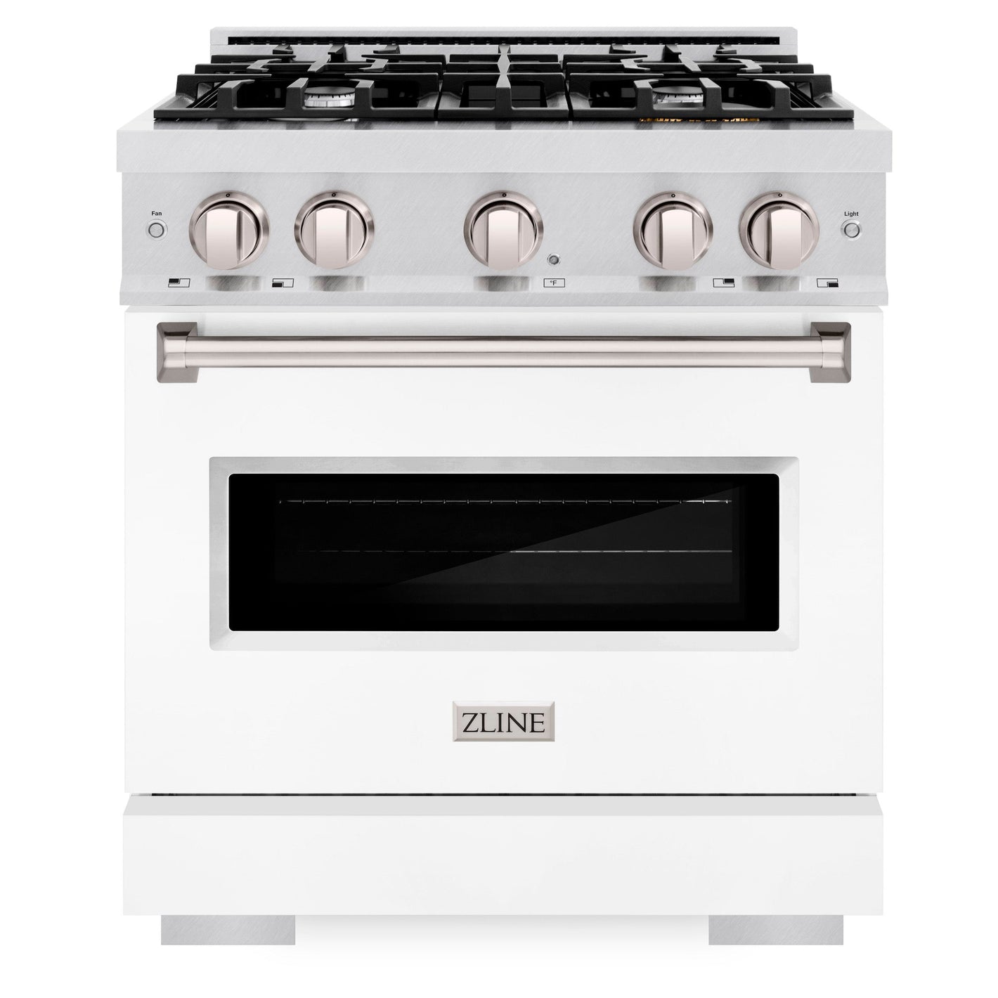 ZLINE 30" 4.2 cu. ft. Classic Dual Fuel Range with 4 Burner Gas Cooktop and Electric Convection Oven in Satin Stainless Steel with White Matte Door, CDRS-WM-30