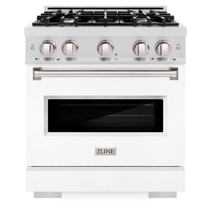 ZLINE 30" 4.2 cu. ft. Classic Dual Fuel Range with 4 Burner Gas Cooktop and Electric Convection Oven in Satin Stainless Steel with White Matte Door, CDRS-WM-30