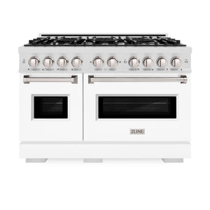 ZLINE 48" 6.7 cu. ft. Classic Double Oven Gas Range with 8 Burner Cooktop in Satin Stainless Steel with White Matte Doors, CGRS-WM-48