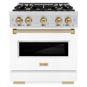 ZLINE Autograph 30" 4.2 cu. ft. Classic Dual Fuel Range with 4 Burners in Stainless Steel with White Matte Door and Champagne Bronze Accents, CDRZ-WM-30-CB