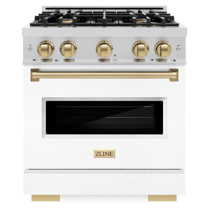 ZLINE Autograph 30" 4.2 cu. ft. Classic Dual Fuel Range with 4 Burners in Stainless Steel with White Matte Door and Champagne Bronze Accents, CDRZ-WM-30-CB